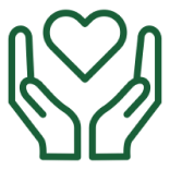 Elem Indian Community Two green hands hold a heart above them, symbolizing care or love.